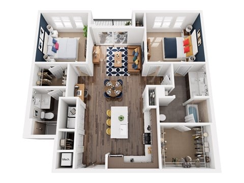 Floor plan for 2 beds, 2 baths, 1237 sqft
